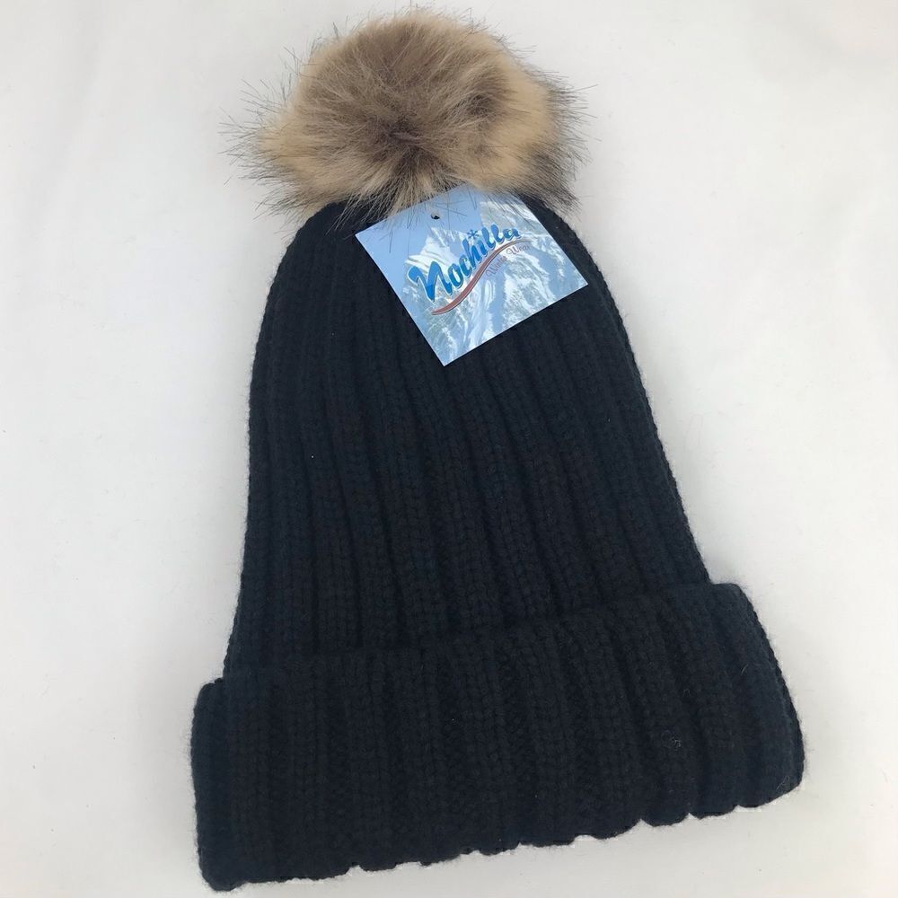 Nochilla Black Ribbed Knit Faux Fur Lined PomPom Hat